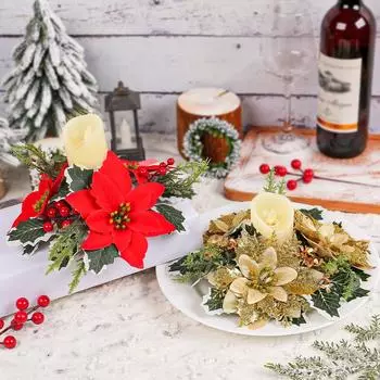 Рождественский венок из свечей Искусственные цветы Подставка для кольца Рождественский подсвечник Декор Украшение рождественского стола красный