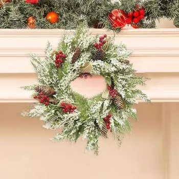 Рождественский венок на входную дверь, искусственные снежинки, красные ягоды, шишки, гирлянда, реалистичный декор для вечеринки в помещении и на открытом воздухе зелёный