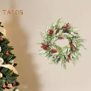 Рождественский венок на входную дверь, искусственные снежинки, красные ягоды, шишки, гирлянда, реалистичный декор для вечеринки в помещении и на открытом воздухе зелёный