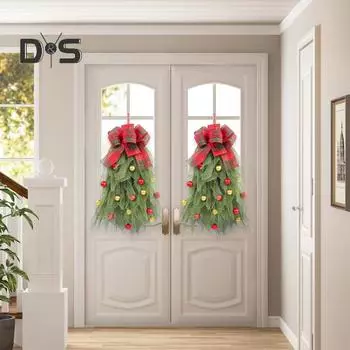 Рождественский венок на входную дверь, рождественский венок ручной работы с красным бантом и шаром, рождественская гирлянда на елку для фермерского дома для праздничного декора зелёный
