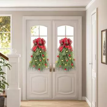 Рождественский венок на входную дверь, рождественский венок ручной работы с красным бантом и шаром, рождественская гирлянда на елку для фермерского дома для праздничного декора зелёный