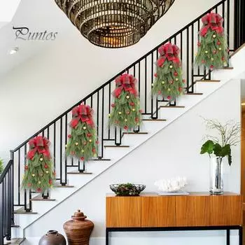 Рождественский венок на входную дверь, рождественский венок ручной работы с красным бантом и шаром, рождественская гирлянда на елку для фермерского дома для праздничного декора зелёный