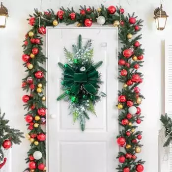 Рождественский венок, подвесной кулон, декор с бантом, рождественский шар, праздничный искусственный завод, светодиодный светильник, гирлянда, праздник, стена, дверь, рождественское украшение, гирлянда 45cm