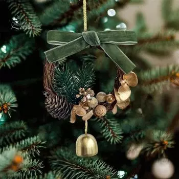 Рождественский венок, подвесной венок из лозы с бантом в виде колокольчика, искусственные сосновые шишки, ягоды для праздничного дерева, дверной полки, стены, окна, декор A