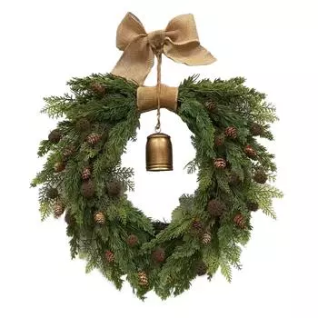 Рождественский венок с колокольчиками, Материал на ощупь лен, Льняный бант, Натуральный материал, Украшение для дома One Size