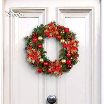 Рождественский венок с красным цветком, искусственное растение, круглый шар, внутреннее наружное окно, передняя дверь, настенное украшение, искусственная гирлянда, подвеска, фестиваль