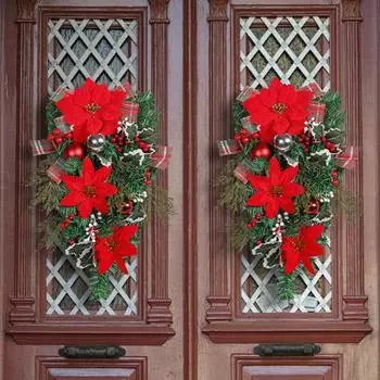 Рождественский венок с красным цветком, клетчатый бант, шар, многоразовый, праздничный, для дома, улицы, окна, входной двери, настенная гирлянда, украшение для лестницы красный