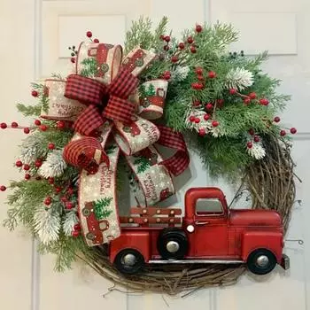 Рождественский венок с красным грузовиком и бантом из ягод ротанга, многоразовый праздник, в помещении, на открытом воздухе, окно, передняя дверь, подвесное искусственное украшение гирлянды 35cm