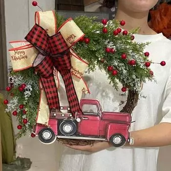 Рождественский венок с красным грузовиком и бантом из ягод ротанга, многоразовый праздник, в помещении, на открытом воздухе, окно, передняя дверь, подвесное искусственное украшение гирлянды 35cm