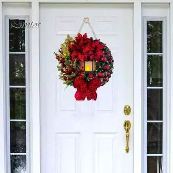Рождественский венок со свечой, лампа, украшение для входной двери, большой бант и красный рождественский цветок, светящийся венок, подвесной орнамент, веселая рождественская вечеринка 30cm