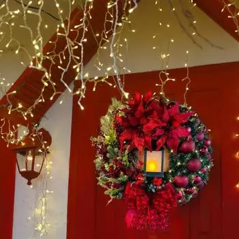 Рождественский венок со свечой, лампа, украшение для входной двери, большой бант и красный рождественский цветок, светящийся венок, подвесной орнамент, веселая рождественская вечеринка 30cm