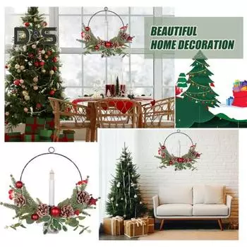 Рождественский венок со светодиодной подсветкой, волшебная лампа, наружная настенная подвеска на входную дверь, красная ягода, шишка, гирлянда из сосновых иголок, украшение на рождественский фестиваль A
