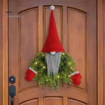 Рождественский венок, украшение для передней двери, светящаяся кукла-гном, подвесной орнамент, вечеринка, макет сцены, реквизит, безликая кукла, венок, крыльцо, стена комнаты, окно красный