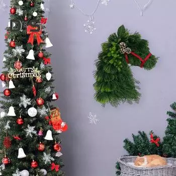 Рождественский венок Венок из конской головы с искусственной зеленью из сосновых шишек Гирлянда из конской головы для украшения стены входной двери и камина зелёный