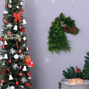 Рождественский венок Венок из конской головы с искусственной зеленью из сосновых шишек Гирлянда из конской головы для украшения стены входной двери и камина зелёный