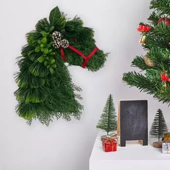 Рождественский венок Венок из конской головы с искусственной зеленью из сосновых шишек Гирлянда из конской головы для украшения стены входной двери и камина зелёный