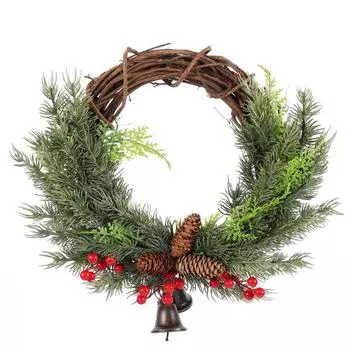 Рождественский венок Венок из ротанга с колокольчиками Ветки Ягоды Сосновые шишки Рождественский венок Рождественский венок для крыльца Декор для двери дома
