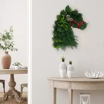 Рождественский венок Венок в виде головы лошади с искусственной шишкой Зелень Сосновые ветки Гирлянда из конских голов