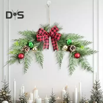 Рождественский венок в форме искусственной капли с шишками и бантом, рождественский венок для украшения лестницы, настенный декор для двери зелёный