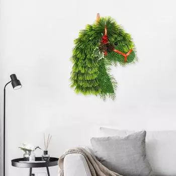 Рождественский венок в виде головы лошади, искусственный венок из сосновых шишек для входной двери, венок из имитированных сосновых иголок с красными ягодами для декора каминного окна 1pc