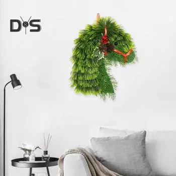 Рождественский венок в виде головы лошади, искусственный венок из сосновых шишек для входной двери, венок из имитированных сосновых иголок с красными ягодами для декора каминного окна 1pc