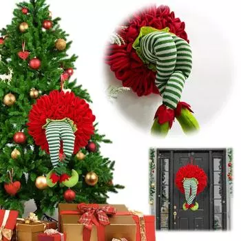 Рождественский венок в виде ноги эльфа, рождественский венок вора, рождественская гирлянда, украшения для верхушки елки, праздничный декор для входной двери 52x33x15cm