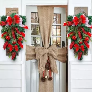 Рождественский венок в виде слезинки, украшение для лестницы, венок с искусственными шишками, колокольчиками, бантом из ленты для входной двери, стены, перемычки, декор окна A