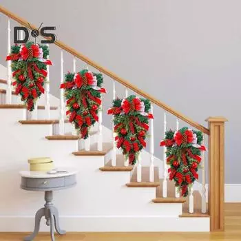 Рождественский венок в виде слезинки, украшение для лестницы, венок с искусственными шишками, колокольчиками, бантом из ленты для входной двери, стены, перемычки, декор окна A