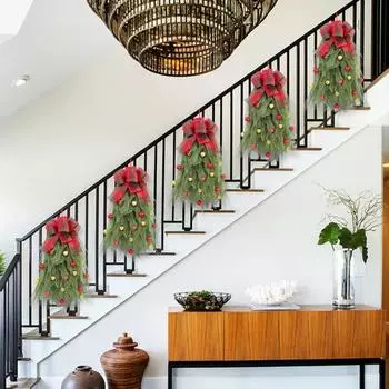 Рождественский венок Yousheng для входной двери, рождественский венок ручной работы с красным бантом и шаром, рождественская елочная гирлянда для фермерского дома для праздничного декора зелёный