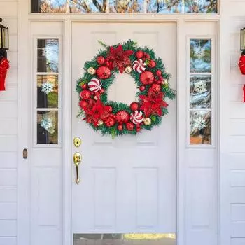 Рождественский венок Yousheng, искусственный венок из виноградной лозы для входной двери с шарообразным орнаментом, праздничное украшение для лестницы в форме слезы на День благодарения, день рождения, свадьбу 40 cm красный