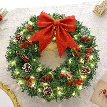 Рождественский венок Yousheng, зеленая искусственная гирлянда из веток с красным бантом, еловыми шишками, гроздьями ягод, многоразовый праздничный венок для подвешивания в помещении и на улице 40cm A