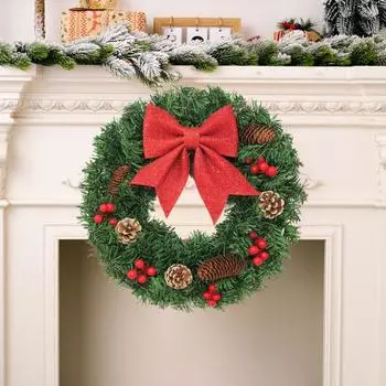 Рождественский венок, зеленая искусственная гирлянда из веток с красным бантом и шишками ели 40cm A
