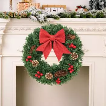 Рождественский венок, зеленая искусственная гирлянда из веток с красным бантом, еловыми шишками, гроздьями ягод, многоразовый праздничный венок для подвешивания в помещении и на улице 40cm A