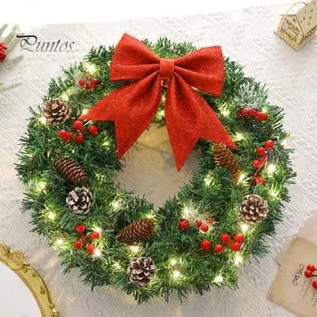 Рождественский венок, зеленая искусственная гирлянда из веток с красным бантом, еловыми шишками, гроздьями ягод, многоразовый праздничный венок для подвешивания в помещении и на улице 40cm A