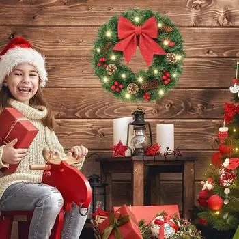 Рождественский венок, зеленая искусственная гирлянда из веток с красным бантом, еловыми шишками, гроздьями ягод, многоразовый праздничный венок для подвешивания в помещении и на улице 40cm A