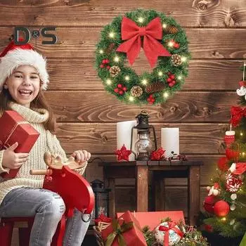 Рождественский венок, зеленая искусственная гирлянда из веток с красным бантом, еловыми шишками, гроздьями ягод, многоразовый праздничный венок для подвешивания в помещении и на улице 40cm A