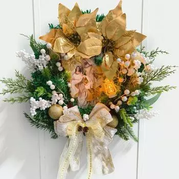 Рождественский вертеп, рождественский венок, светящаяся гирлянда на входную дверь, Святое семейство, фигурка Иисуса, настенная