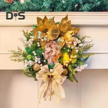 Рождественский вертеп, рождественский венок, светящаяся гирлянда на входную дверь, Святое семейство, фигурка Иисуса, настенный декор для зимнего рождественского украшения золотистый