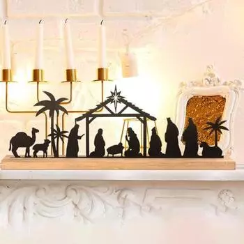Рождественский вертеп, силуэт, настольная табличка с деревянной основой, черный металл, рождение Иисуса, украшение для рабочего стола для дома и офиса, рождественское украшение для вечеринки чёрный