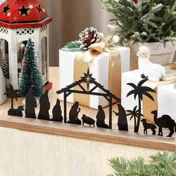 Рождественский вертеп, силуэт, настольная табличка с деревянной основой, черный металл, рождение Иисуса, украшение для рабочего стола для дома и офиса, рождественское украшение для вечеринки чёрный