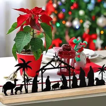 Рождественский вертеп силуэт настольная табличка с деревянной основой черный металл рождение Иисуса дом