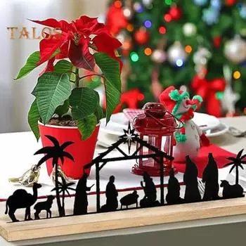 Рождественский вертеп, силуэт, настольная табличка с деревянной основой, черный металл, рождение Иисуса, украшение для рабочего стола для дома и офиса, рождественское украшение для вечеринки чёрный