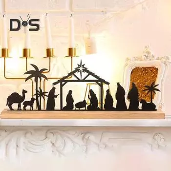 Рождественский вертеп, силуэт, настольная табличка с деревянной основой, черный металл, рождение Иисуса, украшение для рабочего стола для дома и офиса, рождественское украшение для вечеринки чёрный