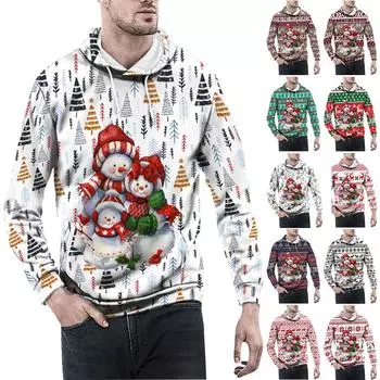 Рождественский винтажный мужской принт, осенне-зимняя толстовка с длинным рукавом, толстовка с капюшоном, топ, свитер, куртка с капюшоном L циан