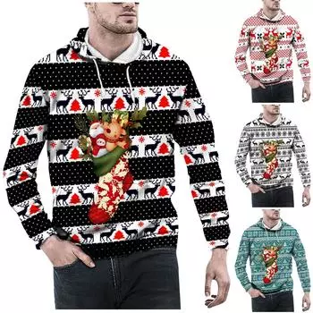 Рождественский винтажный мужской принт, осенне-зимняя толстовка с длинным рукавом, толстовка с капюшоном, топ, свитер, куртка с капюшоном XXXL чёрный