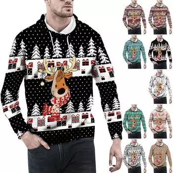 Рождественский винтажный мужской принт, осенне-зимняя толстовка с длинным рукавом, толстовка с капюшоном, топ, свитер, куртка с капюшоном L кофейный