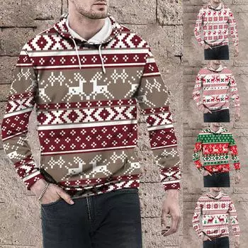 Рождественский винтажный мужской принт, осенне-зимняя толстовка с длинным рукавом, толстовка с капюшоном, топ, свитер, куртка с капюшоном L коричневый
