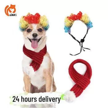 Рождественский вязаный шарф для питомцев и парик с героями мультфильмов, аксессуары для волос для кошек и собак S красный/белый