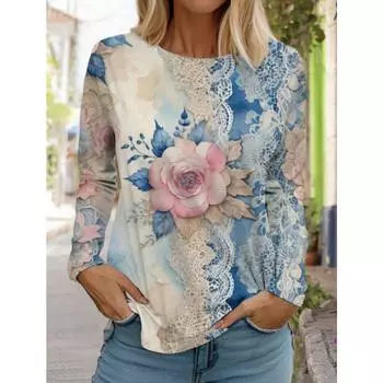 Рождественский женский круглый вырез длинный рукав ретро-принт с розами длинный рукав 3D-принт праздничный пуловер длинный рукав весна и осень S