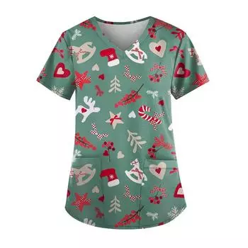 Рождественский женский модный повседневный рождественский топ с v-образным вырезом и принтом, защитный рабочий костюм XXXXL зелёный